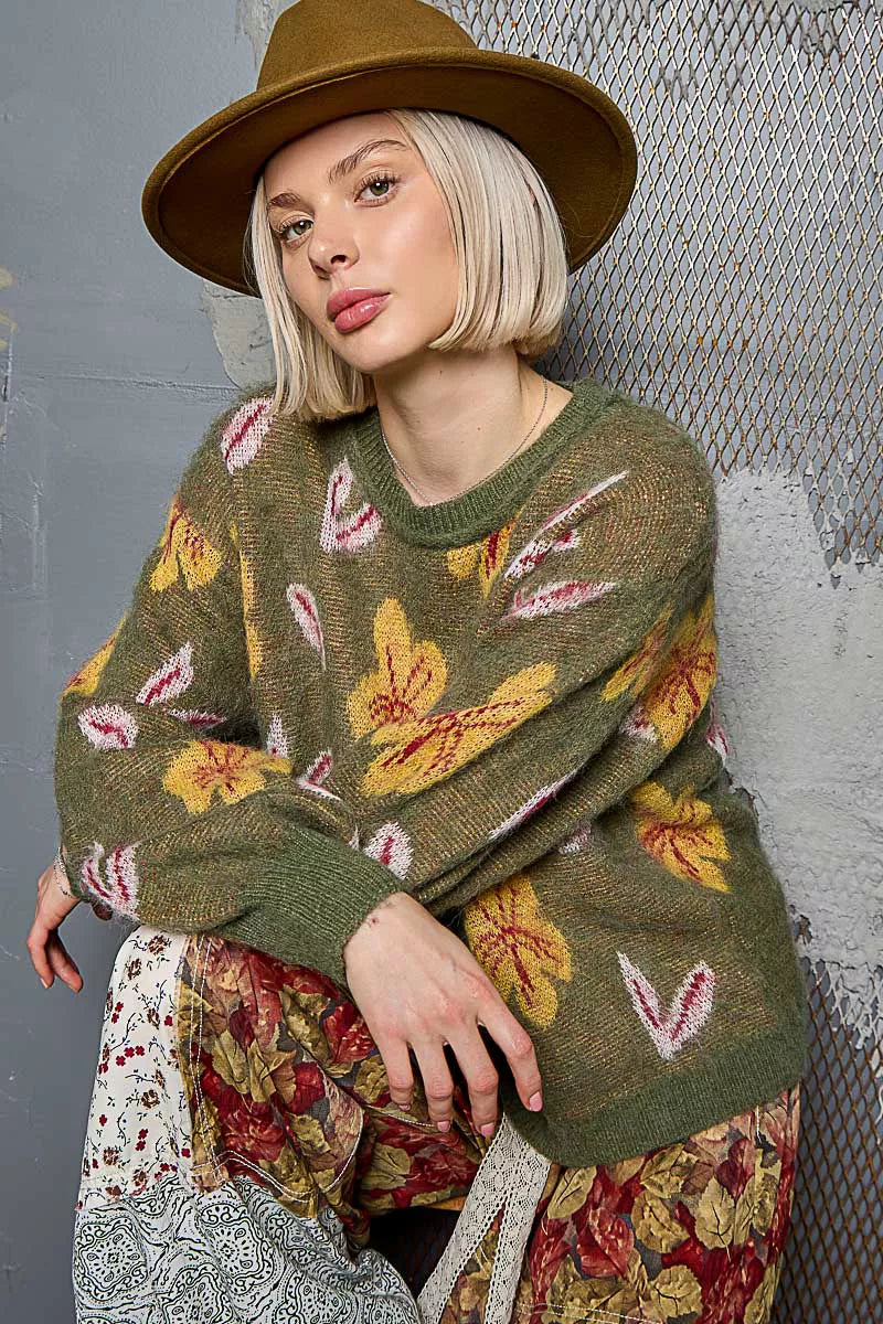 POL Floral Pattern Round Neck Balloon Sleeve Sweater | Sweaters Daverri Fashions
