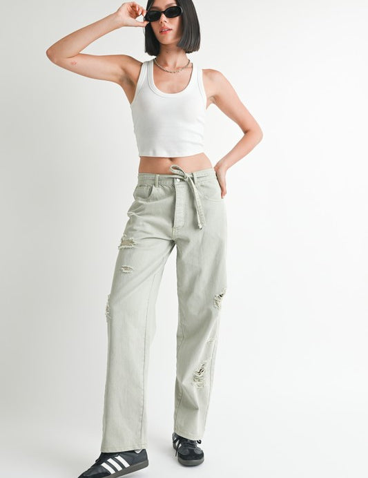 WASHED DENIM DISTRESSED WIDE LEG PANTS | Daverri Fashions