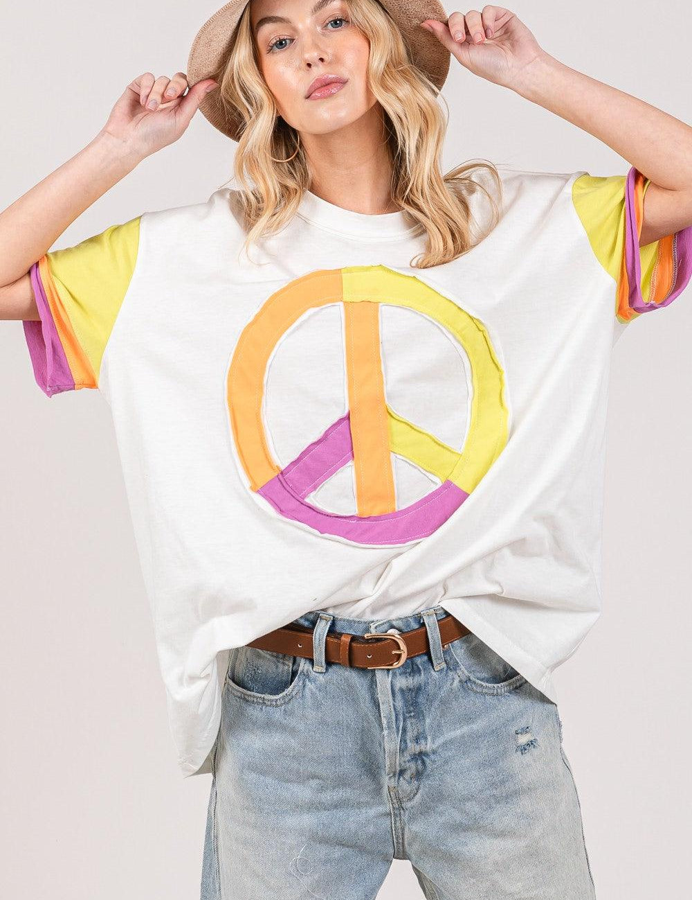 Multi SAGE + FIG Color Block Peace Applique T-Shirt | T-Shirts Daverri Fashions