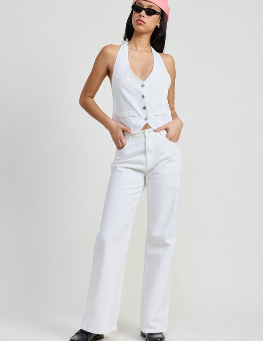 WHITE FOLDED FITTED DENIM PANTS | Daverri Fashions