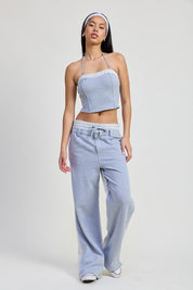 FLANNEL GREY COMBO DOUBLE WAIST STRAIGHT LEG PANTS | Daverri Fashions