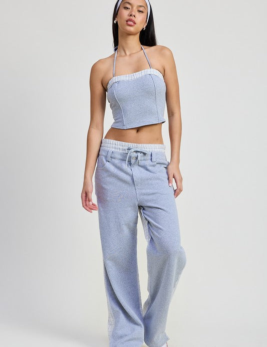 FLANNEL GREY COMBO DOUBLE WAIST STRAIGHT LEG PANTS | Daverri Fashions