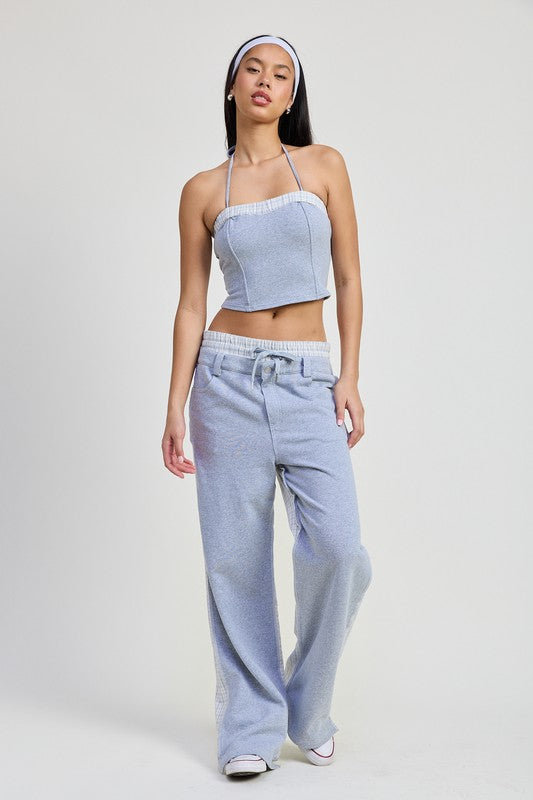 FLANNEL GREY COMBO DOUBLE WAIST STRAIGHT LEG PANTS | Daverri Fashions