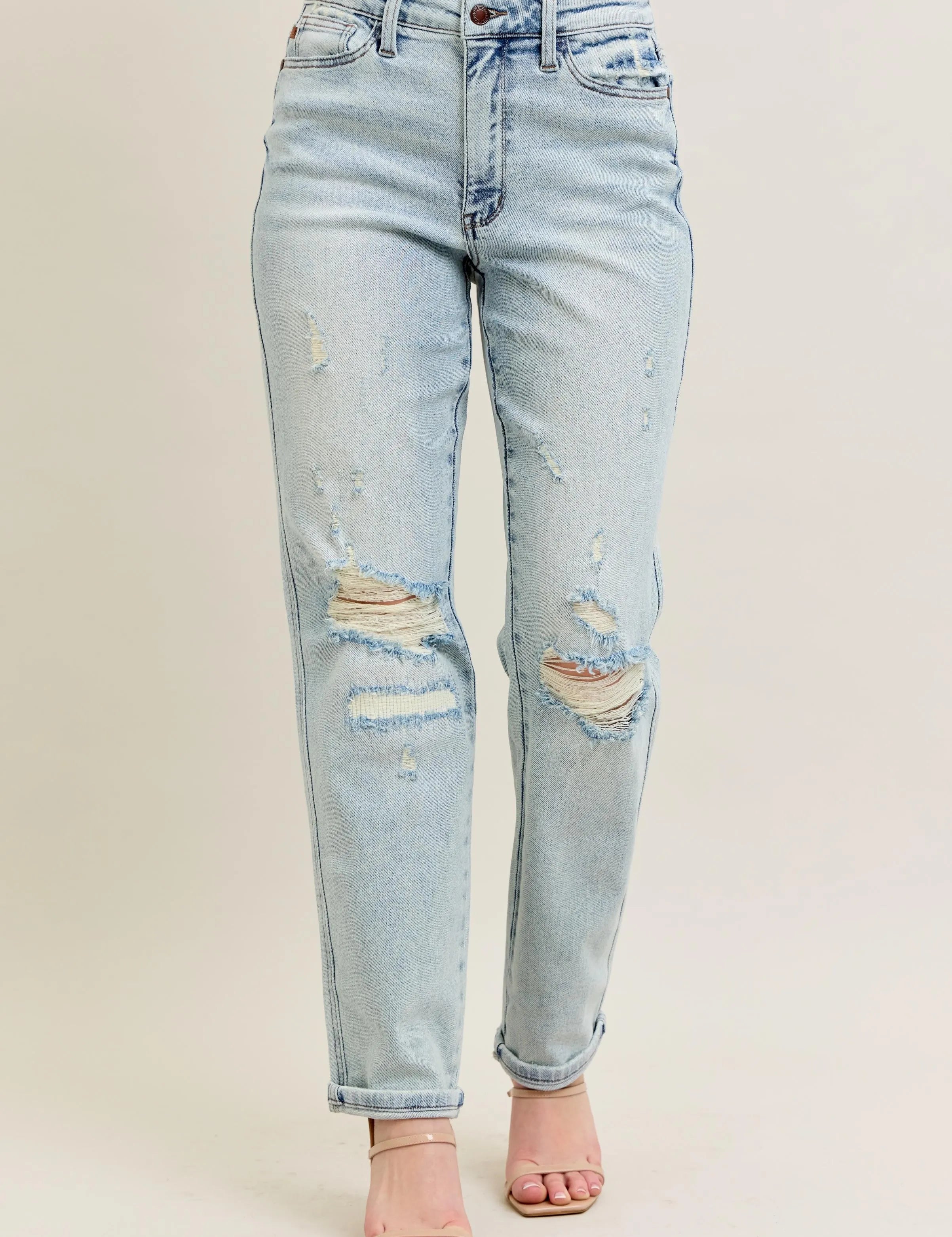 Judy Blue Full Size Mr Repair Stitch Detail Destroy Single Cuff Bf Jeans Plus Size | Jeans Daverri Fashions