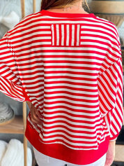 Stripe Christmas Nutcracker Sequin Patched Drop Shoulder Top | Tops Daverri Fashions