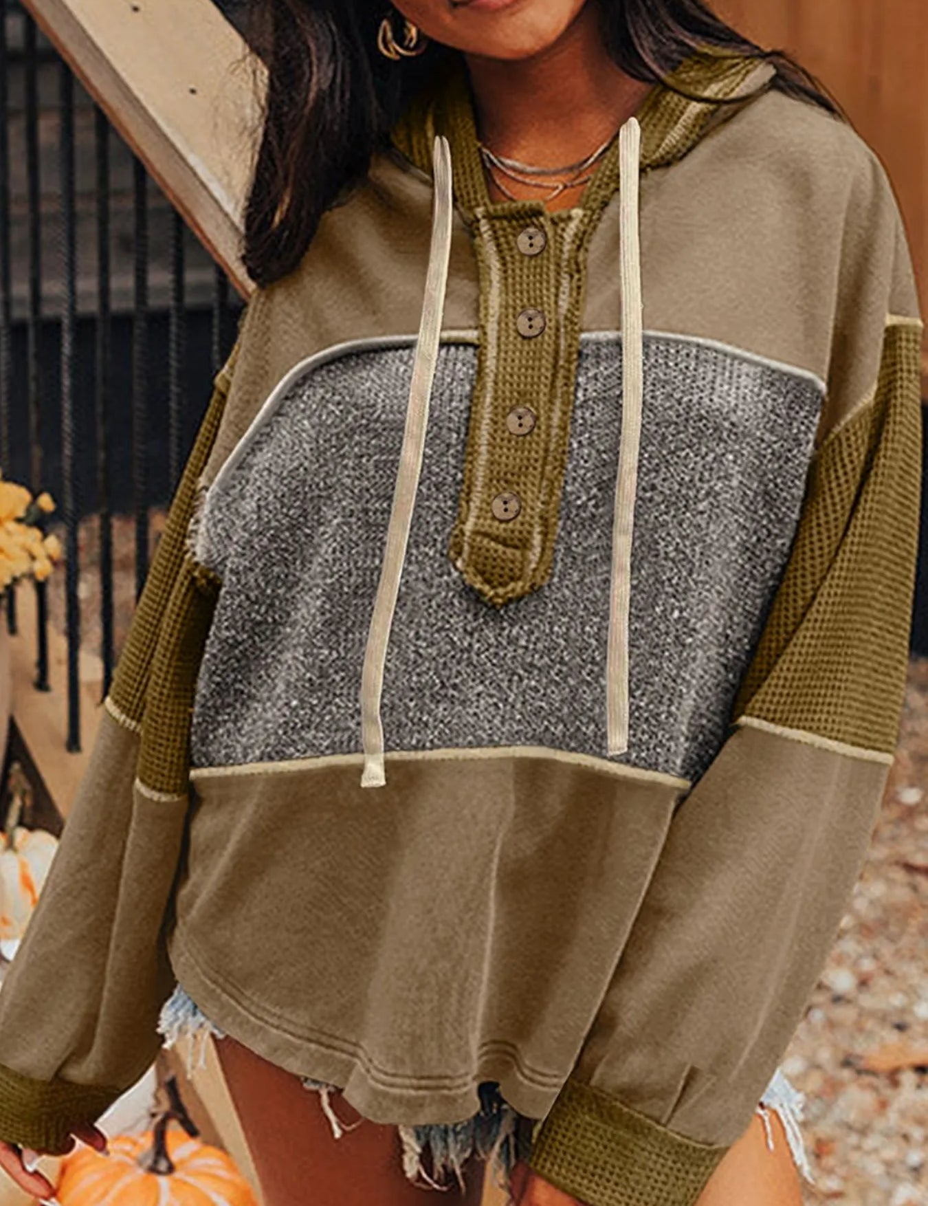Olive Mixed Texture Patchwork Exposed Seam Half Button Hoodie | Hoodies Daverri Fashions