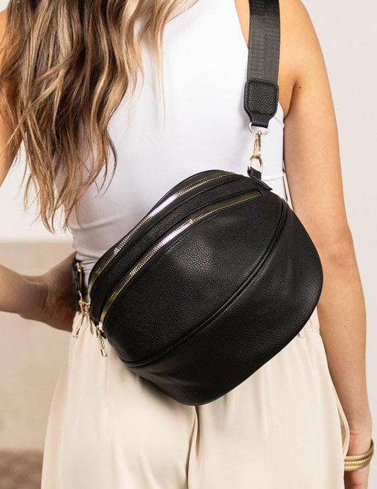 Black OneSize Sabrina Double Zip Leather Crescent Sling | Daverri Fashions