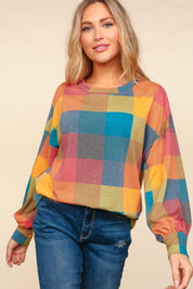 Multi S Haptics Round Neck Color Block Plaid Top | Tops Daverri Fashions