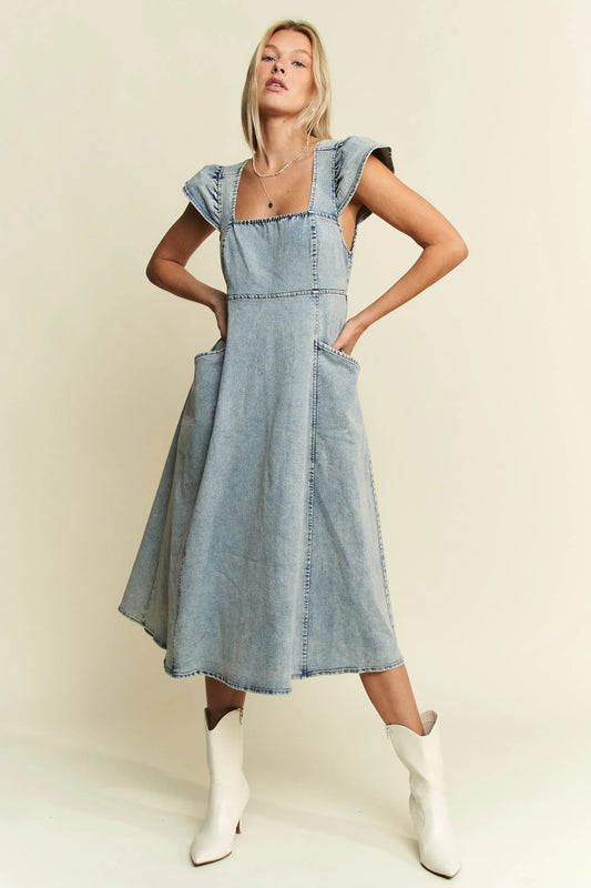 Jade By Jane Ruffled Denim Midi Dress - DAVERRI FASHIONS