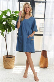 ADORA V-Neck Half Sleeve Mini Denim Dress | Mini Dresses Daverri Fashions