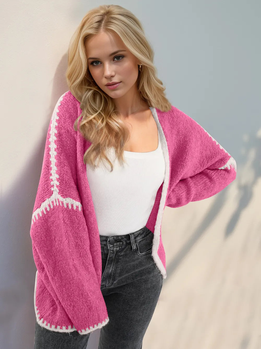 Hot Pink Double Take Contrast Open Front Dropped Shoulder Cardigan | Cardigans Daverri Fashions