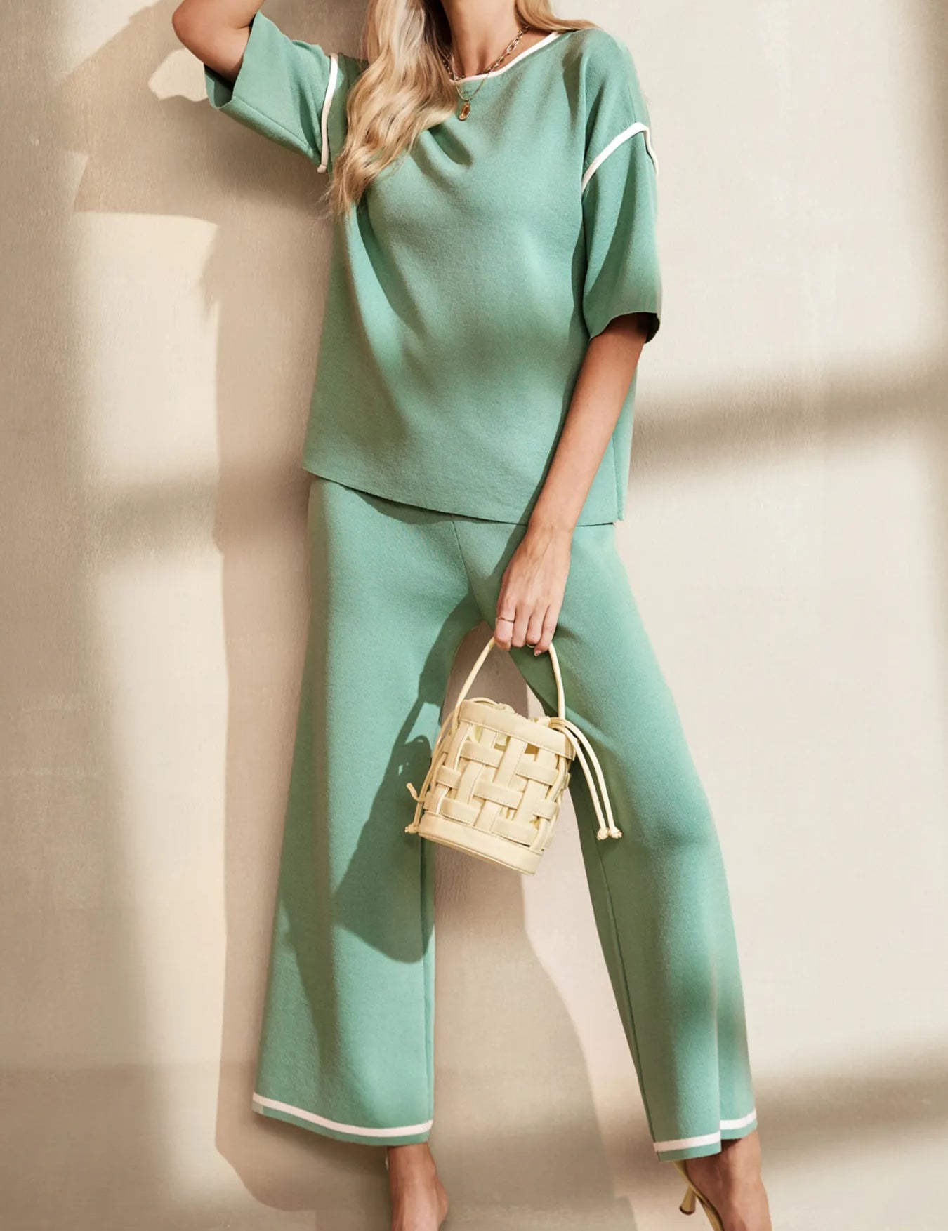 Gum Leaf Contrast Trim T-Shirt and Drawstring Pants Set | Loungewear Sets Daverri Fashions