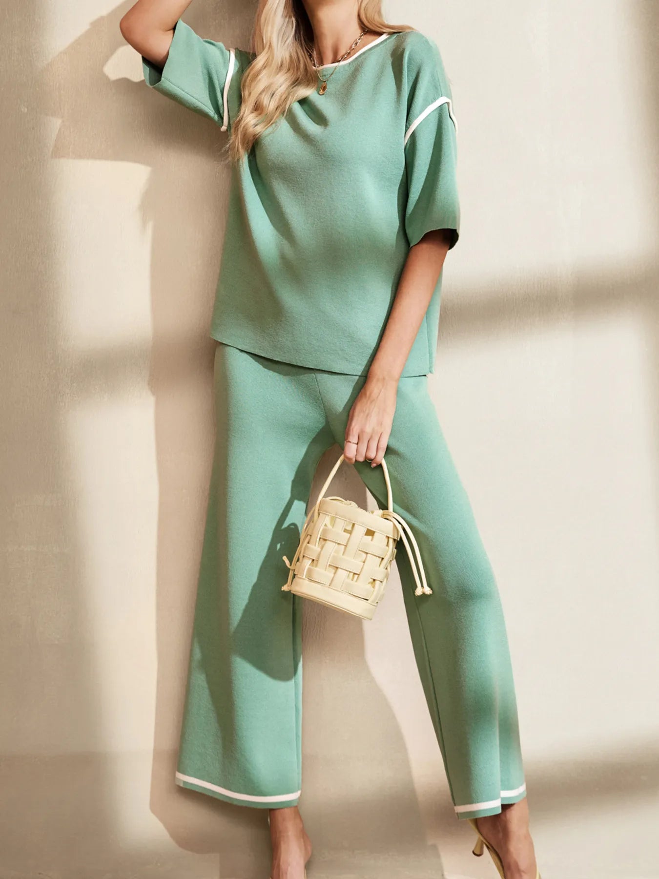 Gum Leaf Contrast Trim T-Shirt and Drawstring Pants Set | Loungewear Sets Daverri Fashions