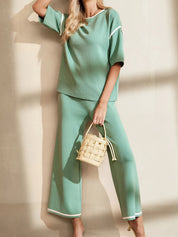 Gum Leaf Contrast Trim T-Shirt and Drawstring Pants Set | Loungewear Sets Daverri Fashions