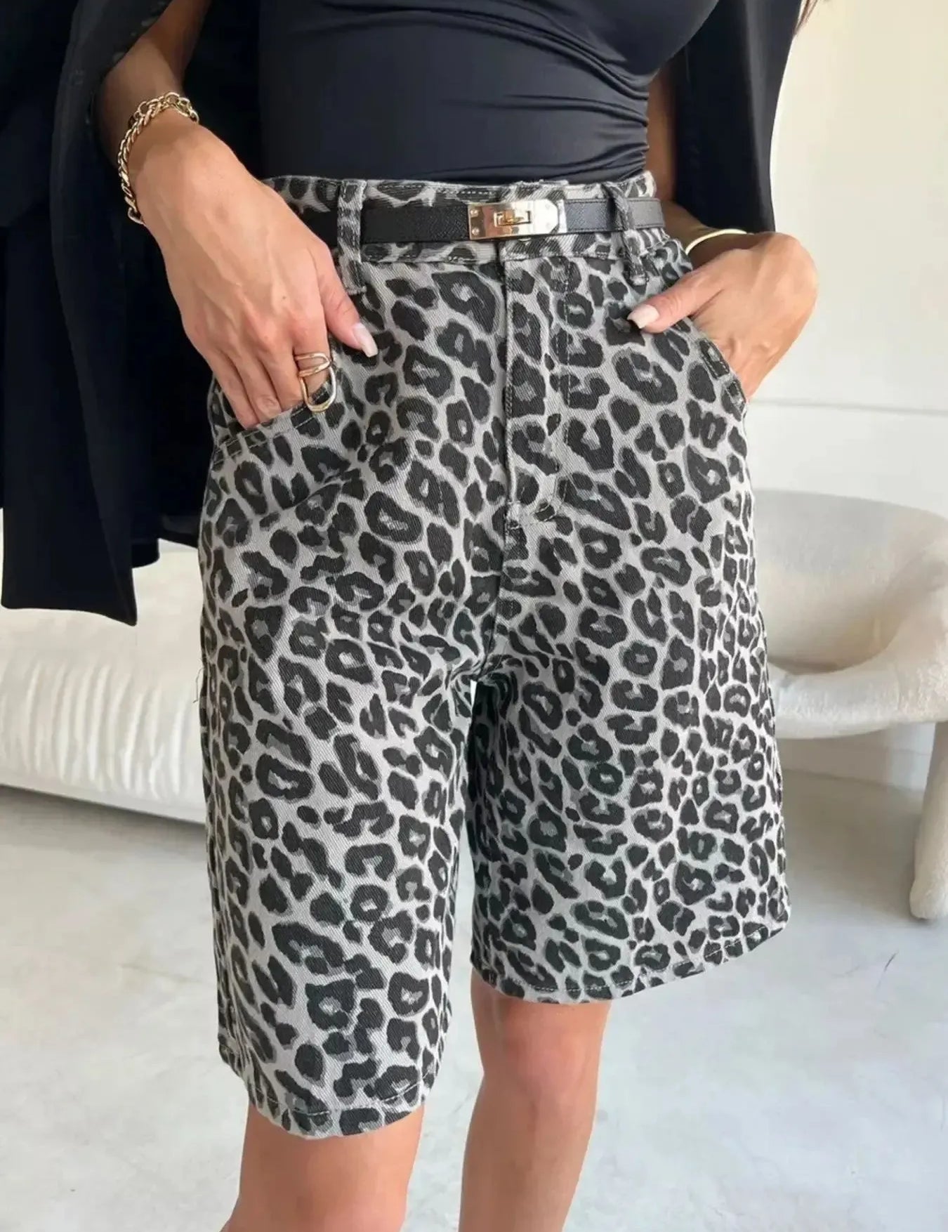 Dark Gray Leopard Print High-Waisted Denim Shorts | Shorts Daverri Fashions