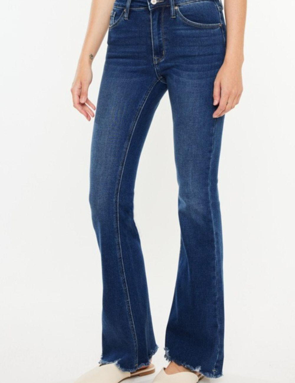 DARK Kancan Cat's Whiskers Raw Hem Flare Jeans | Jeans Daverri Fashions