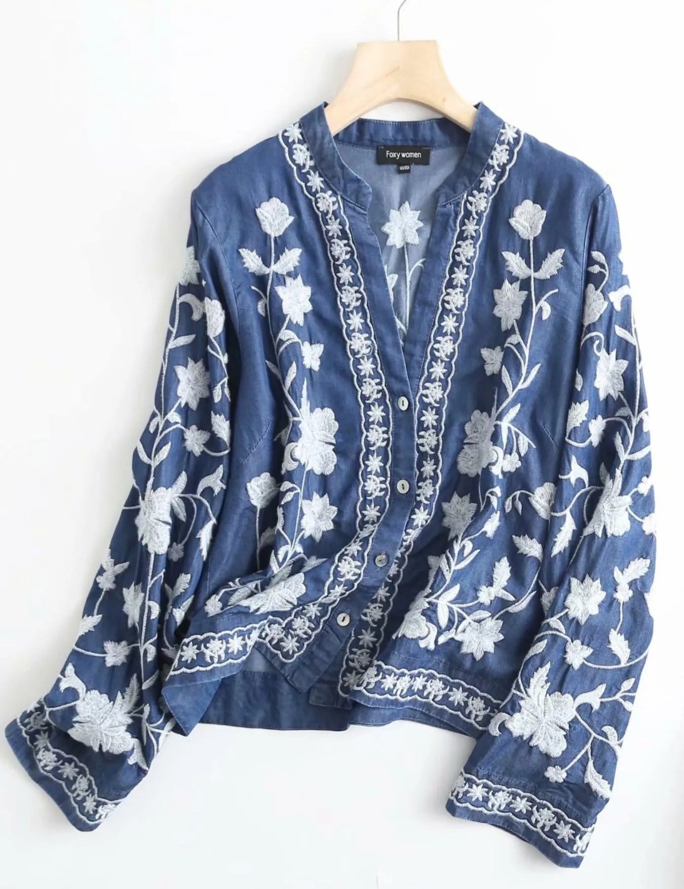 Floral Embroidered Button Up Denim Shirt | Shirts Daverri Fashions