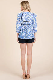 Lime 'N' Chili Graphic Print Solid Trim Quarter Sleeve Blouse | Daverri Fashions