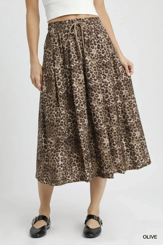 Umgee Drawstring Leopard Midi Skirt - DAVERRI FASHIONS