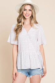 IVORY LAVENDER Lime 'N' Chili Ditsy Print V-Neck Short Sleeve Wrap Blouse | Daverri Fashions