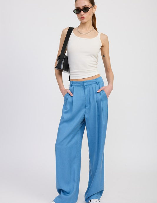 CHAMBRAY HIGH WAIST WIDE LEG TROUSERS WITH FRONT PLEATS | Daverri Fashions