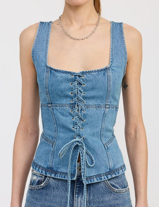 DENIM LACE UP BUSTIER TOP | Tops Daverri Fashions