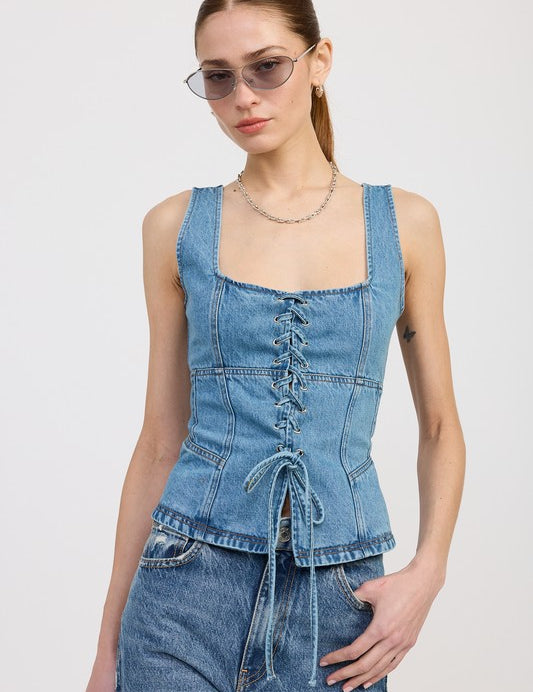 TRUE BLUE DENIM LACE UP BUSTIER TOP | Tops Daverri Fashions