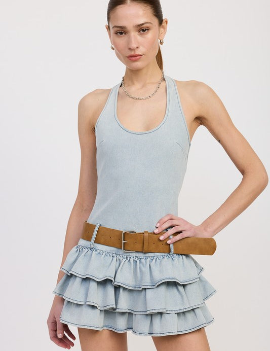 LT DENIM TIERED MINI DRESS WITH HALTER NECK AND BELT | Mini Dresses Daverri Fashions
