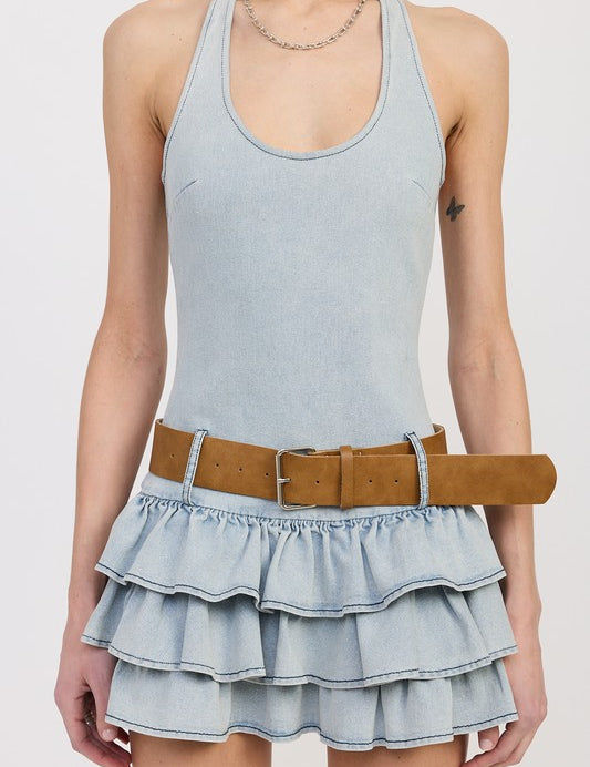 TIERED MINI DRESS WITH HALTER NECK AND BELT | Mini Dresses Daverri Fashions