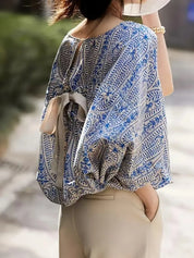 Blue Bohemian Print Round Neck Loose Batwing Sleeve Blouse | Blouses Daverri Fashions
