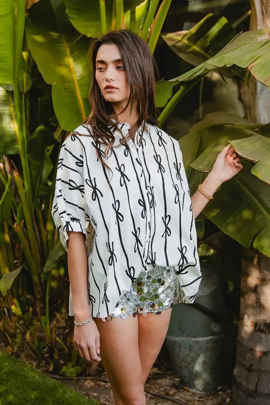 BiBi Bow Ribbon Woven Printed Button Down Shirt | Shirts Daverri Fashions
