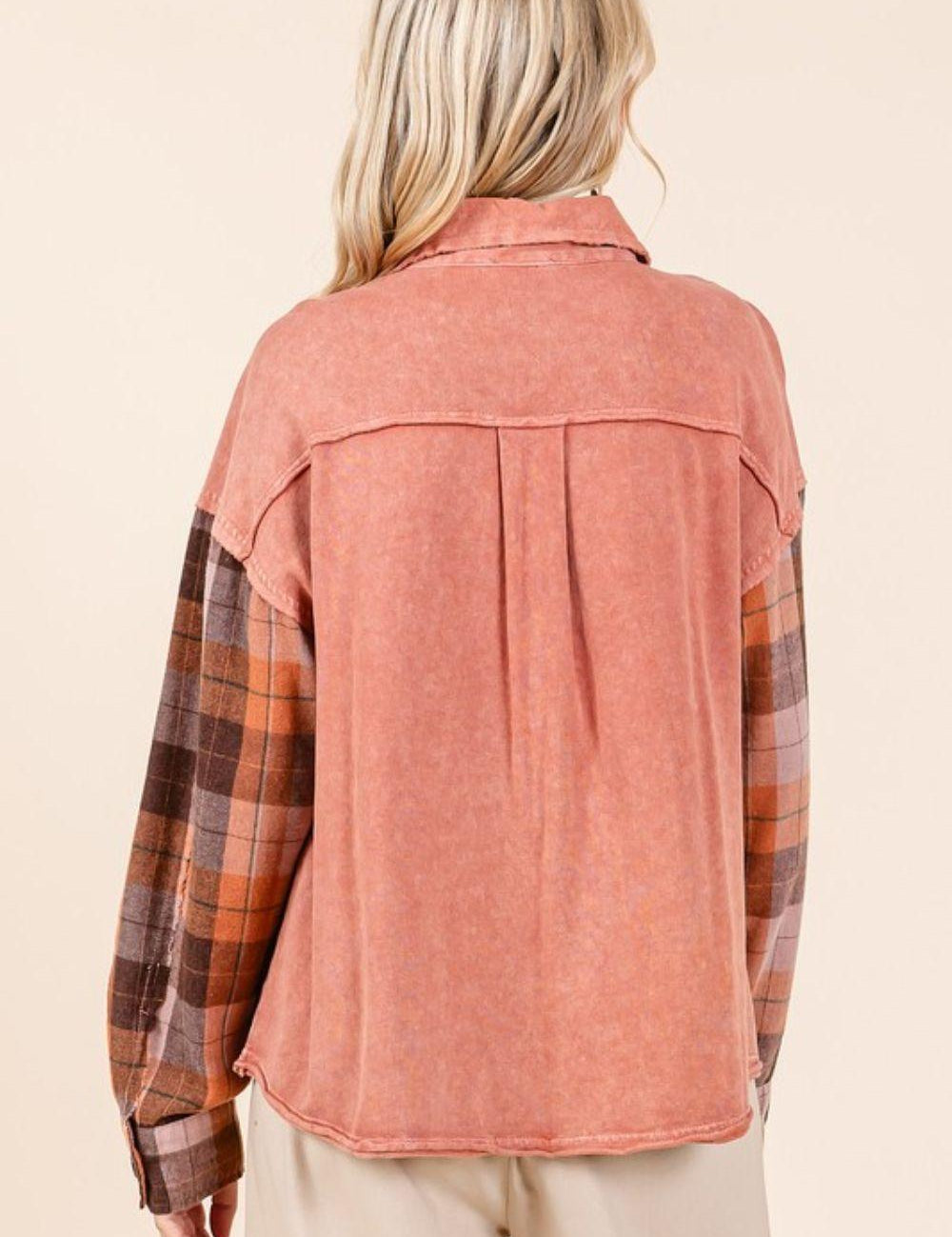 Mittoshop Button Down Contrast Plaid Patchwork Shacket | Daverri Fashions