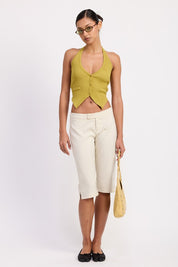 TAILORED MID RISE BERMUDA PANTS WITH FRONT BUTTON | Daverri Fashions