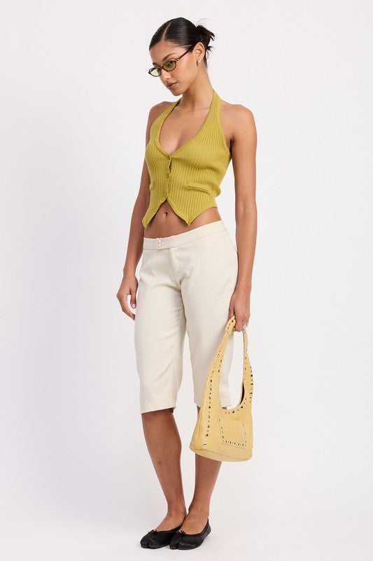 TAILORED MID RISE BERMUDA PANTS WITH FRONT BUTTON | Daverri Fashions