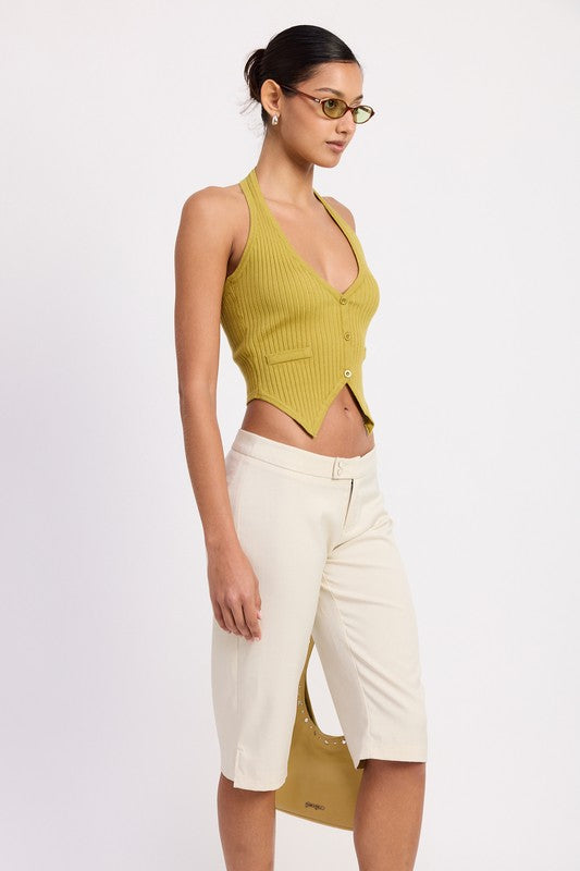 TAILORED MID RISE BERMUDA PANTS WITH FRONT BUTTON | Daverri Fashions