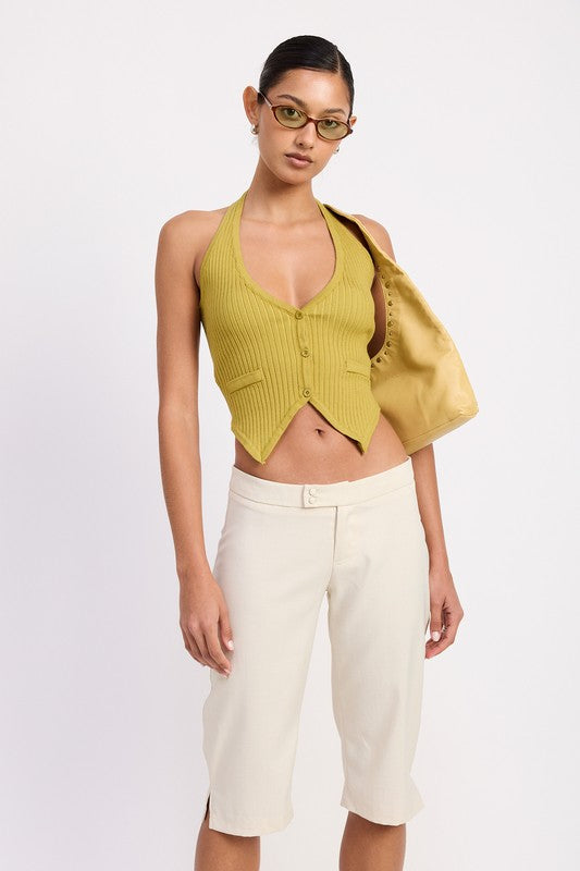 TAILORED MID RISE BERMUDA PANTS WITH FRONT BUTTON | Daverri Fashions