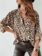 Leopard Button Detail Notched Long Sleeve Blouse | Blouses Daverri Fashions