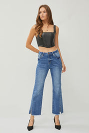 RISEN High Waist Raw Hem Slit Straight Jeans | Daverri Fashions