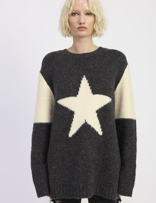 GREY COMBO Oversized Sweater with Star Print | Sweaters Daverri Fashions