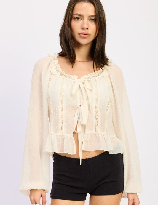 CREAM Round Neck Long Sleeve Flared Blouse | Blouses Daverri Fashions