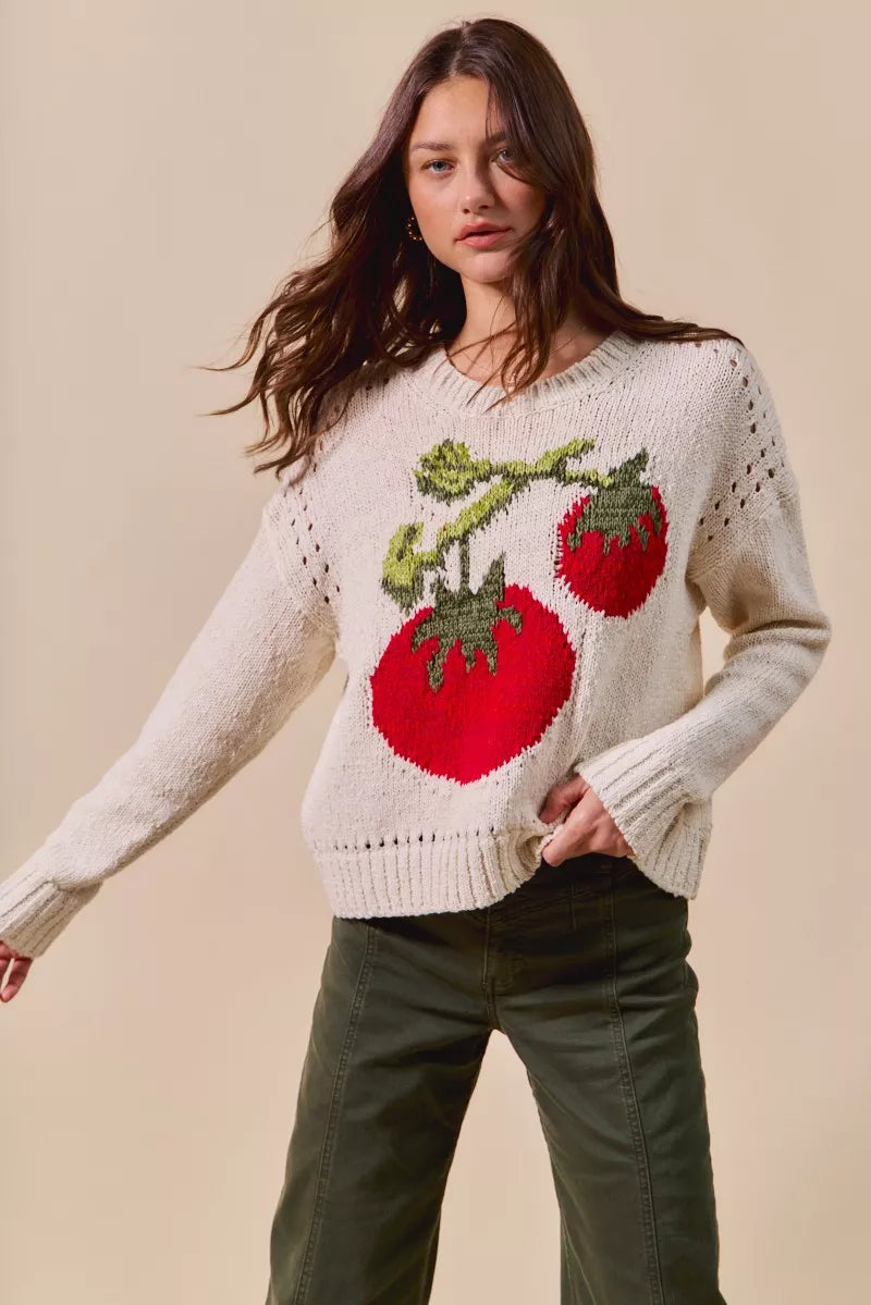 SO ME Vegetable Round Neck Long Sleeve Sweater | Sweaters Daverri Fashions