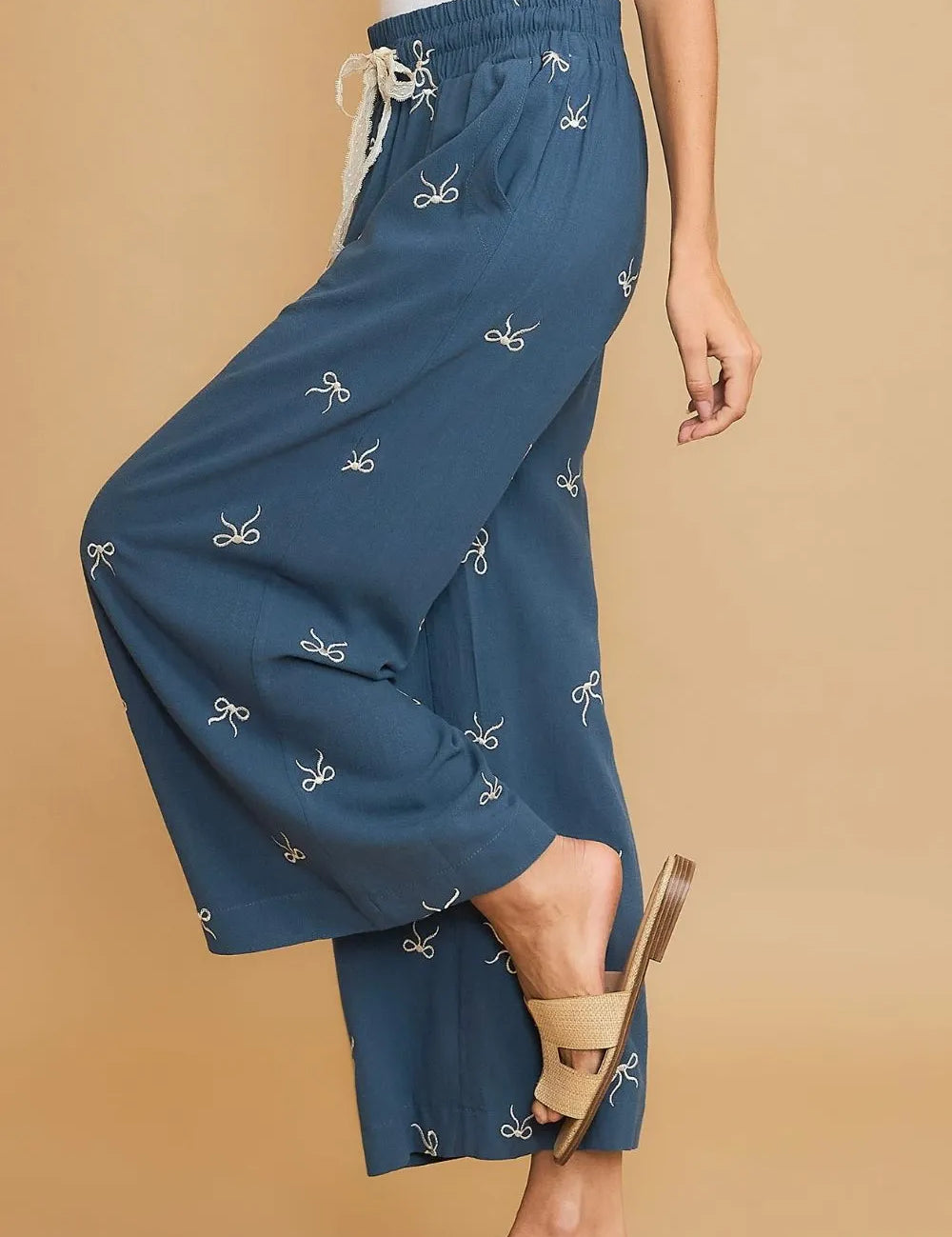 Umgee Full Size Lace Drawstring Embroidered Bow Wide Leg Pants Plus Size | Daverri Fashions