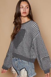POL Round Neck Heart Patch Zipper Point Sleeve Sweater L | Sweaters Daverri Fashions