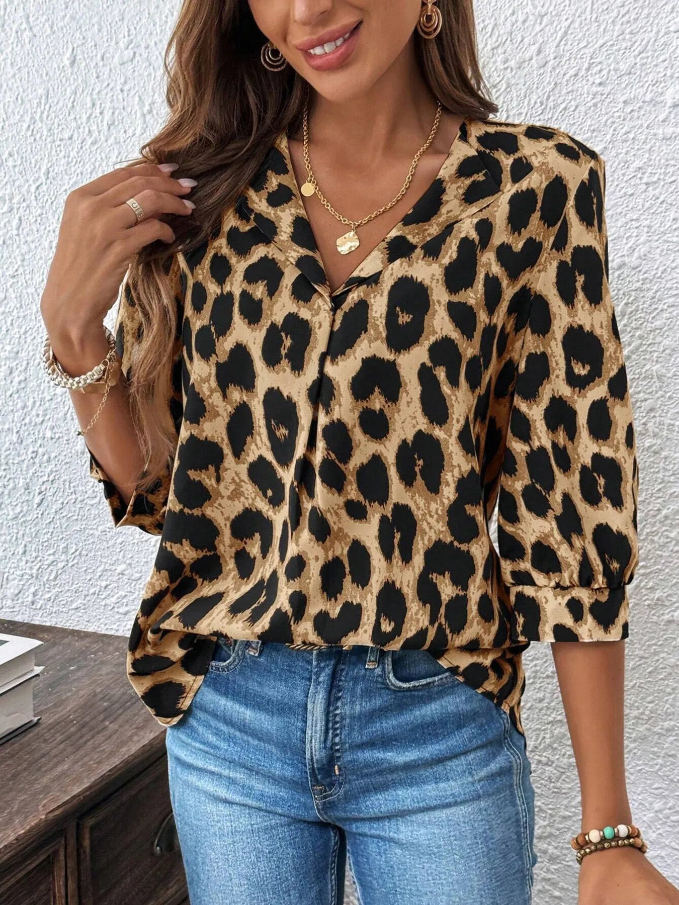 Brown Leopard Print 3/4 Sleeve Blouse | Blouses Daverri Fashions