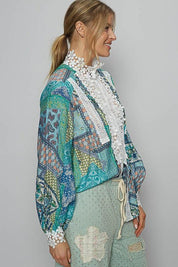 POL Lace Detail Printed Button Down Shirt | Daverri Fashions