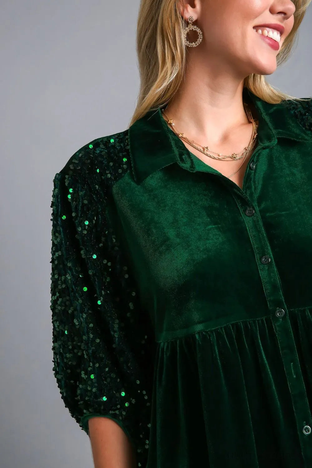 Umgee Sequin Detail Tiered Back Half Sleeve Shirt | Daverri Fashions