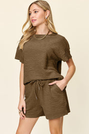 Double Take Full Size Texture Short Sleeve T-Shirt and Drawstring Shorts Set | Outfit Sets Daverri Fashions