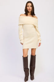 OATMEAL LONG SLEEVE OFF SHOULDER MINI KNIT DRESS | Dresses Daverri Fashions