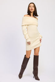 LONG SLEEVE OFF SHOULDER MINI KNIT DRESS | Dresses Daverri Fashions