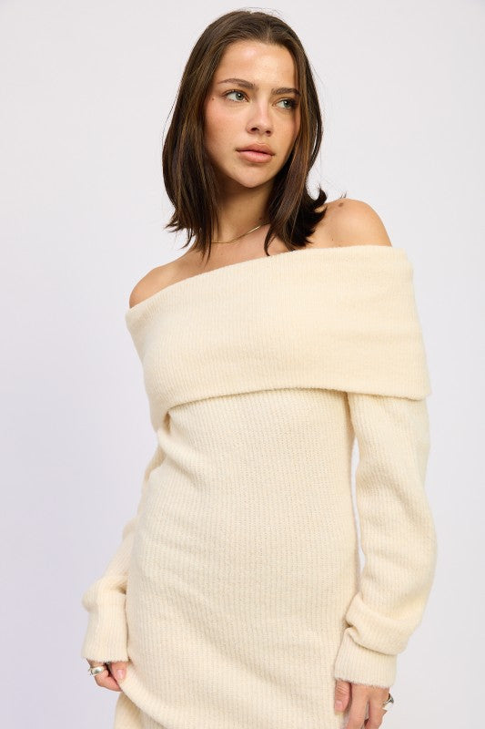 LONG SLEEVE OFF SHOULDER MINI KNIT DRESS | Dresses Daverri Fashions